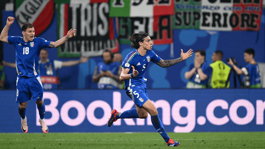 Riccardo Calafiori celebrates Italy's draw against Croatia