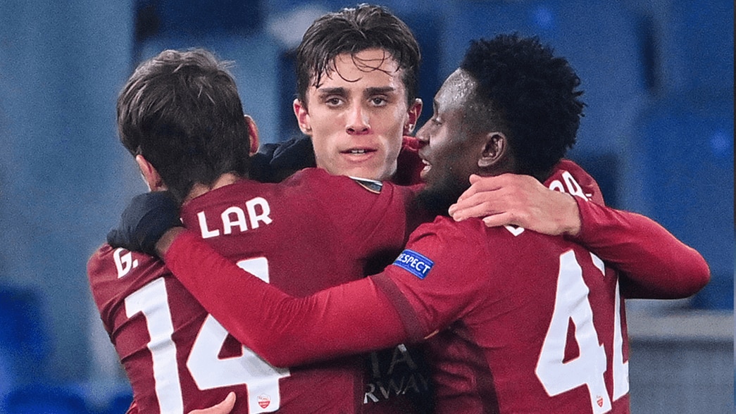 Riccardo Calafiori celebrates scoring for Roma against Young Boys